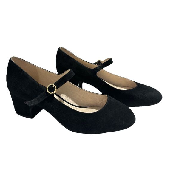 Louise Et Cie Korrie Mary Jane Block Heels Black Suede Buckle Womens 7W/37 - Picture 1 of 10